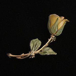 Vintage Gold Tone Yellow Enamel Rose Brooch